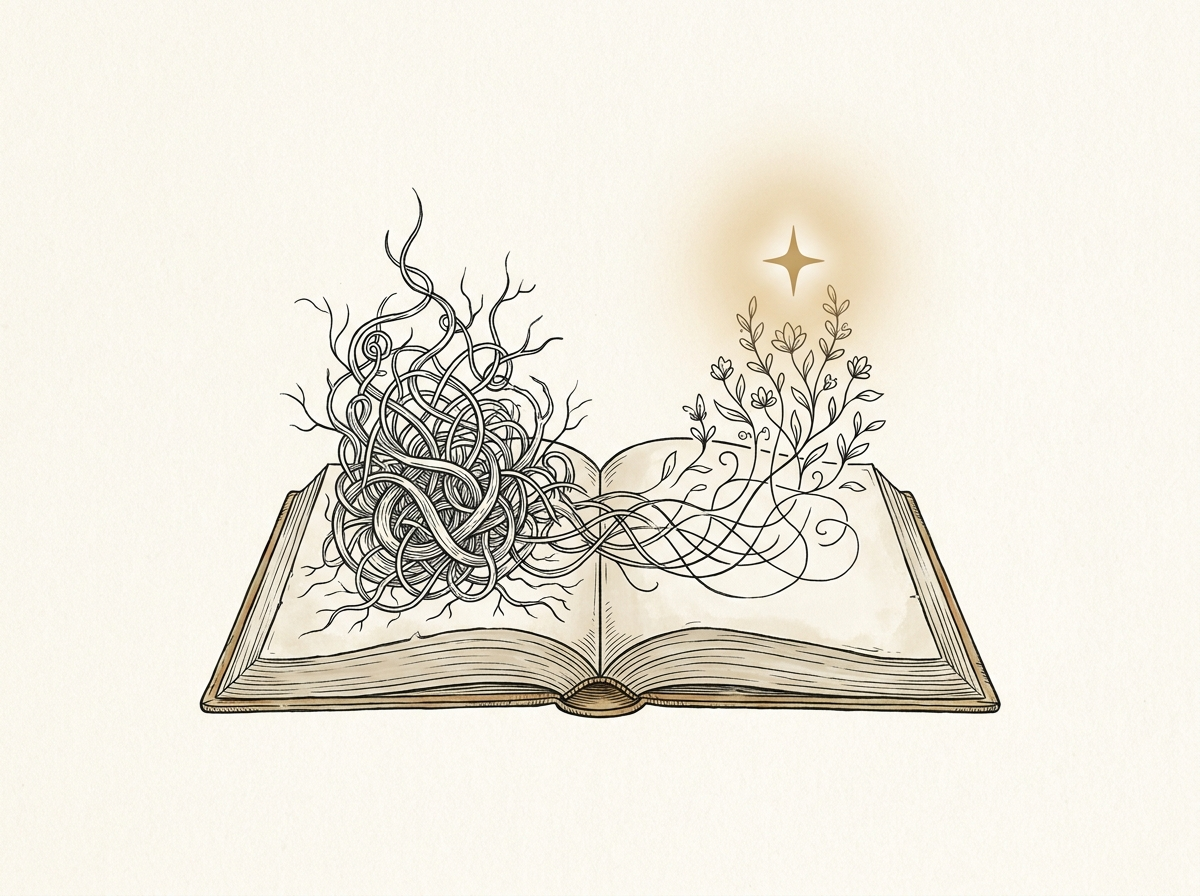 Open book transforming from tangled threads into a clear life narrative — SoulSaga introspective journaling concept