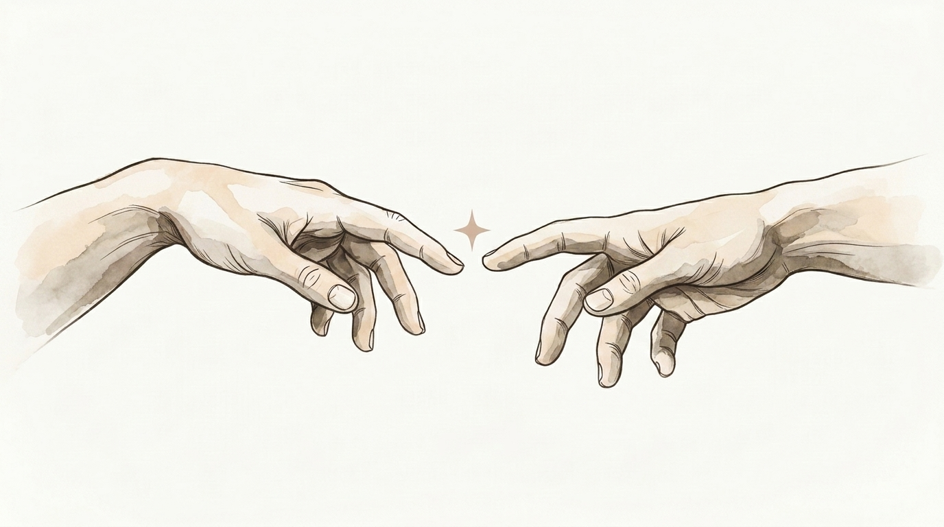 Two hands of equal size reaching toward each other, fingertips almost touching — SoulSaga partner invitation